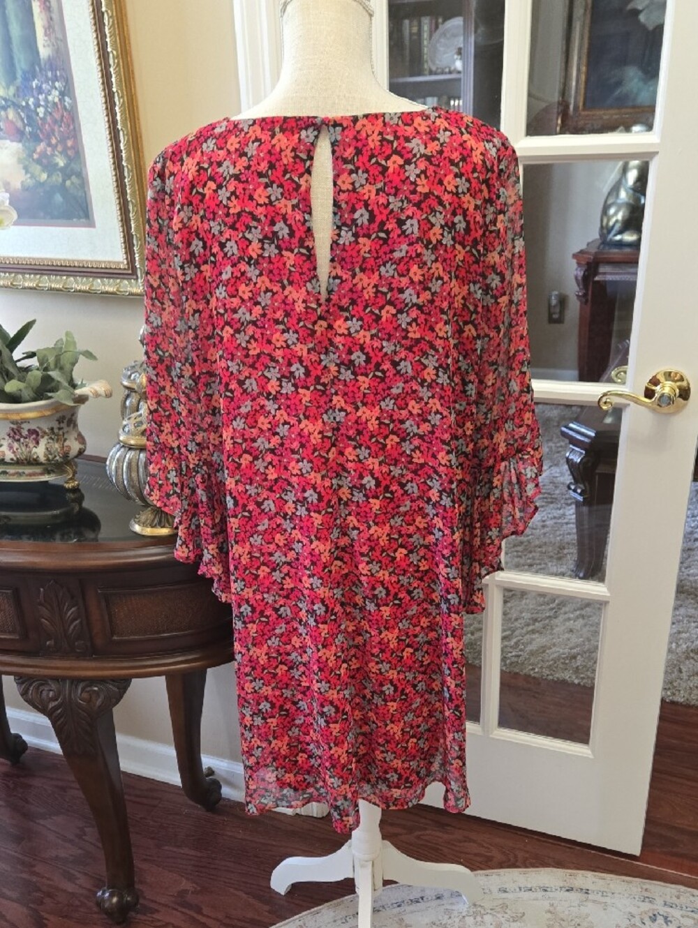 Calvin Klein Floral Red Pink Green Blue Dress Statement Sleeve Lined 16 EUC - Picture 5 of 8